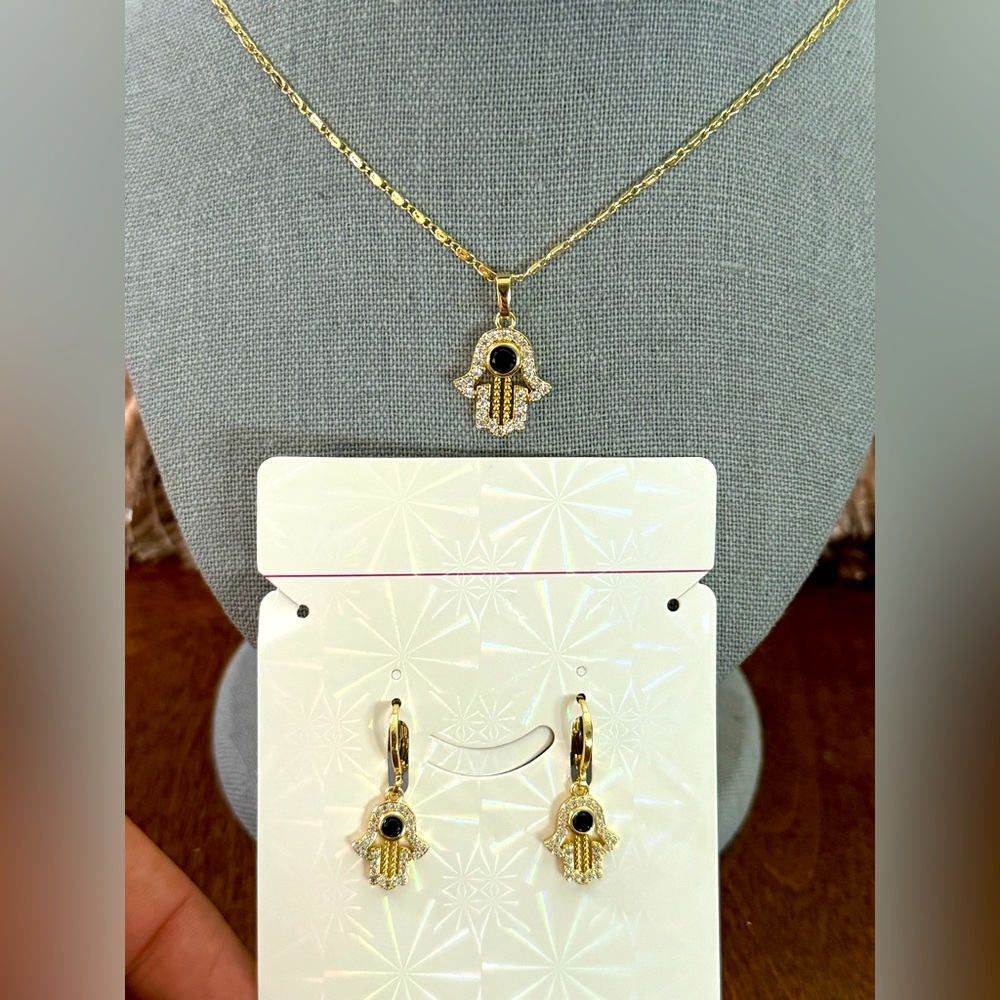 Hamsa Hand Pendant Filled Box Necklace Stud Earrings Jewelry Set